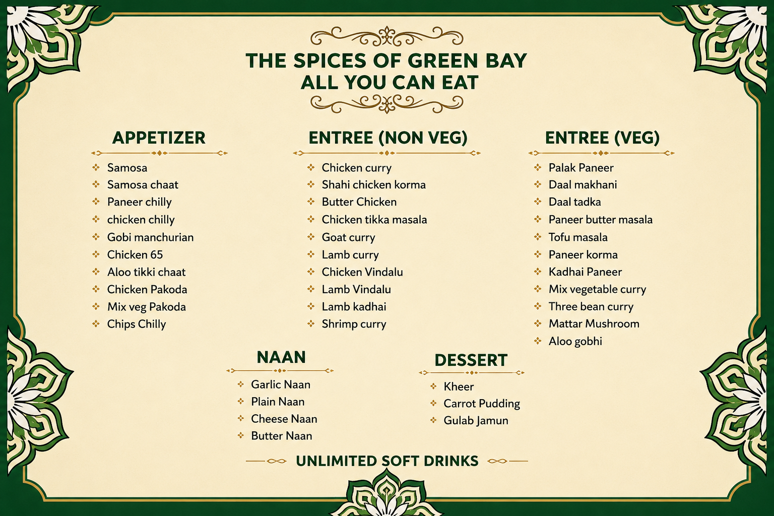 All You Can Eat at The Spices of Green Bay!